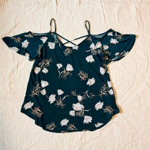 Kaileigh Dark Teal Floral Cold Shoulder Blouse